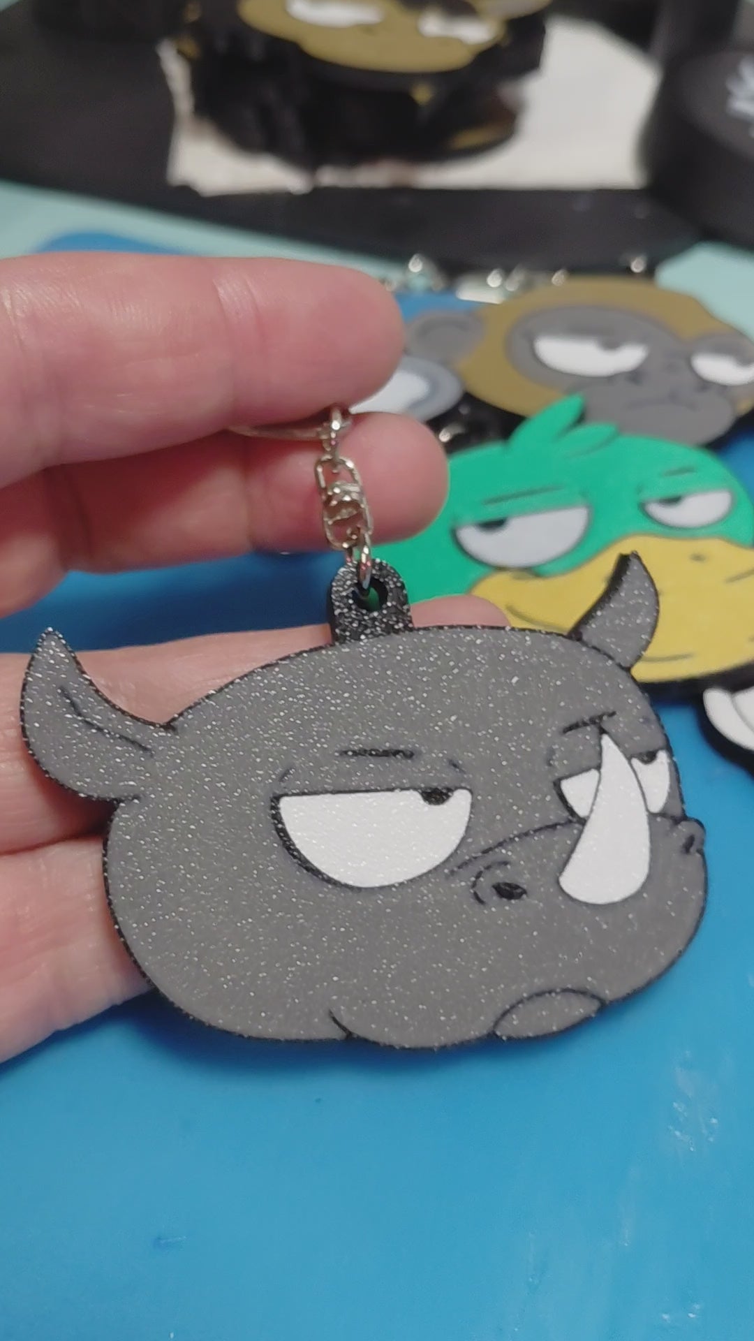 video of 3d printed grumpy rhino keychain